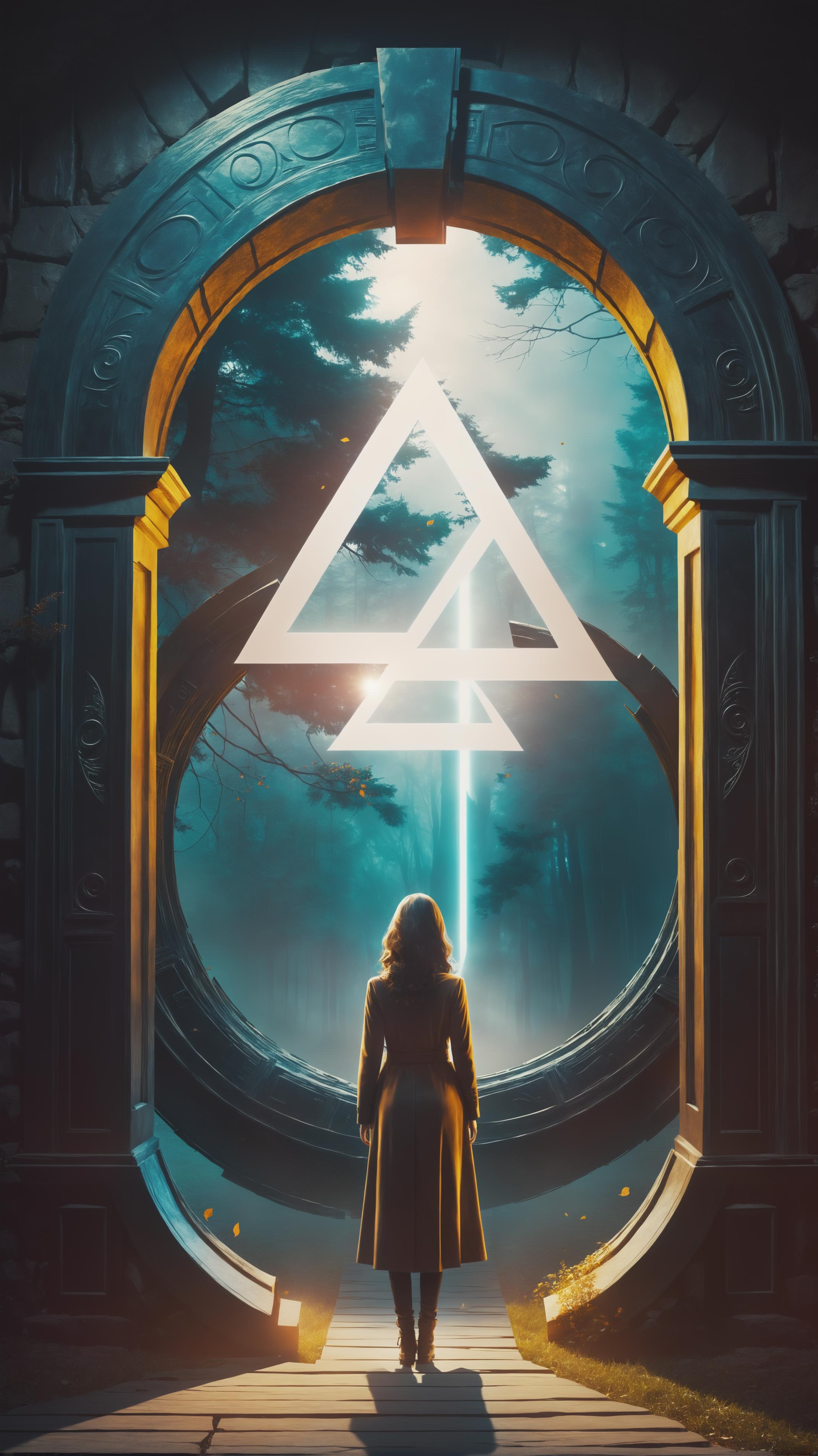 A woman standing in front of a mysterious archway with a triangular symbol above it.
