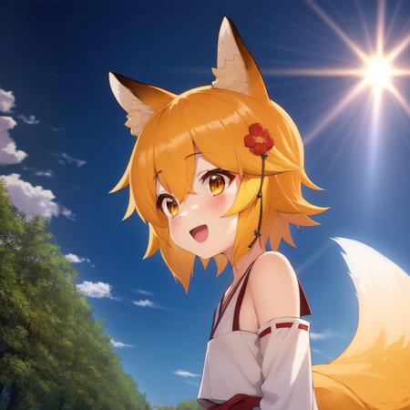 masterpiece, best quality, detailed background, cinematic lighting, sen, animal ears, fox ears, fox girl, fox tail, hair flower, hair ornament, orange eyes, orange hair, short hair, tail, flat chest, 1girl, solo, garden, outdoors, sunrays, cloud, sky, outdoors, cloudy sky, leaf, sunbeam, side view, happy, open mouth,  <lora:senkoLora_v2:0.8>