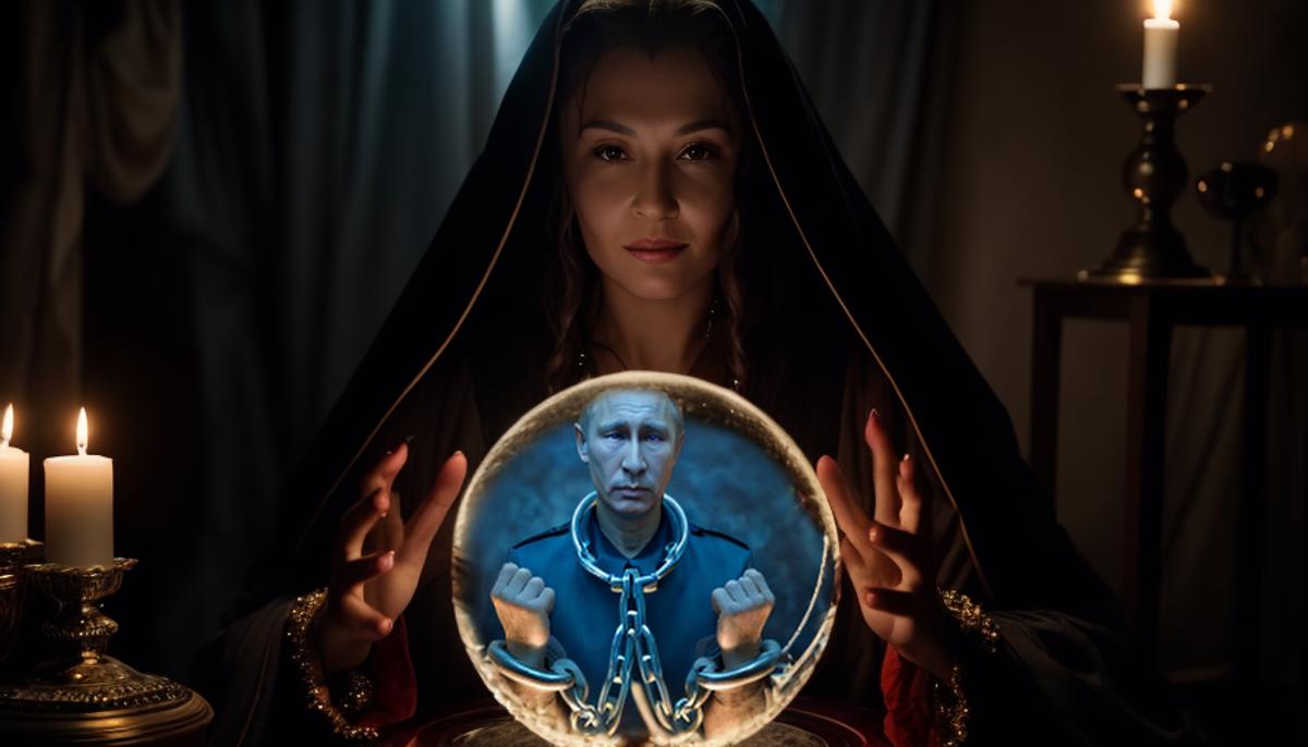 Woman holding a crystal ball with a man's face in it.
