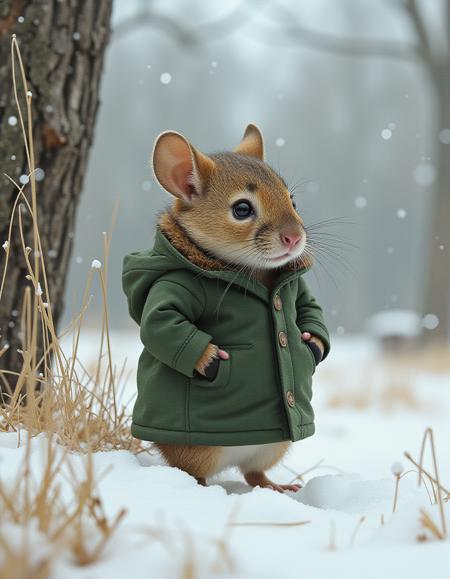 A vivid portrayal of a mouse in a winter setting. The mouse is dressed in a green coat with a fur collar, the rees are bare and in winter mode, its very cold, the grass is covered in snow, 