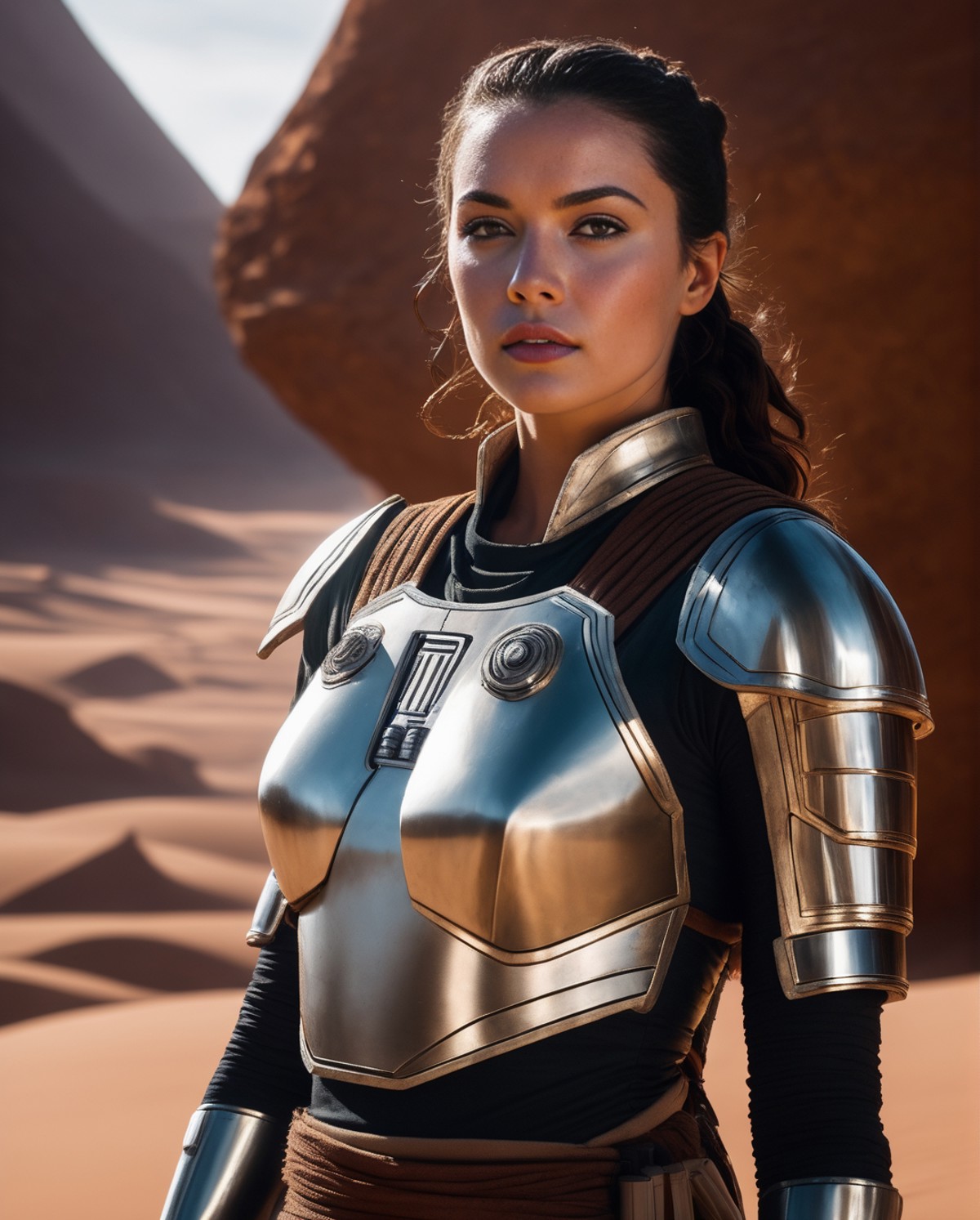 [Space Voyager] Beautiful woman, realistic, detailed face, detailed skin. Portray the bold Rey from the "Star Wars" sequel...