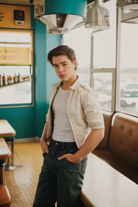 (medium shot) photo of justin_owen <lora:justin_owen-07:0.75> wearing a vintage leather jacket with a tight-fitting white tee, from the waist up, natural lighting, studio lighting, confident and cool mood, rebellious, old-school diner