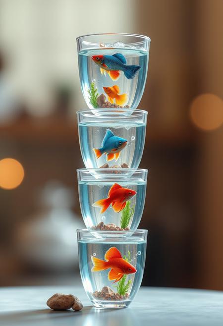 "Create a breathtakingly realistic digital artwork featuring a towering stack of delicate, transparent cups, each one perfectly aligned and balanced on top of the other. Each cup should be its own tiny aquarium, containing a unique and colorful fish, swimming in a miniature ocean of crystal-clear water. The fish should be rendered in exquisite detail, with visible scales, fins, and eyes that seem to sparkle with life. The water should be depicted in stunning detail, with visible ripples, bubbles, and subtle reflections that capture the play of light on its surface. Each cup should have its own unique aquatic environment, with tiny plants, rocks, and other decorations that add to the sense of realism. The overall effect should be one of enchanting realism, as if the viewer could reach out and touch the delicate cups and watch the fish swim. The lighting should be soft and warm, with a subtle glow that highlights the vibrant colors of the fish and the intricate details of the cups." Highest-Quality, 4k, intricate details, visually stunning, Masterpiece