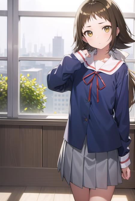 mashiromitsumine, <lora:mashiromitsumine-lora-nochekaiser:1>,
mashiro mitsumine, (brown eyes:1.5), brown hair, ponytail, (flat chest:1.2),
BREAK grey skirt, long sleeves, neck ribbon, red ribbon, ribbon, sailor collar, school uniform, skirt, white sailor collar, (blue shirt:1.5),
BREAK looking at viewer, full body,
BREAK indoors, classroom,
BREAK <lyco:GoodHands-beta2:1>, (masterpiece:1.2), best quality, high resolution, unity 8k wallpaper, (illustration:0.8), (beautiful detailed eyes:1.6), extremely detailed face, perfect lighting, extremely detailed CG, (perfect hands, perfect anatomy),