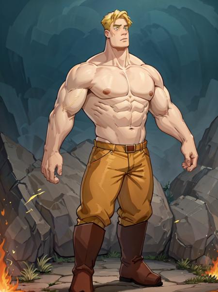 popovich, solo, serious look, short hair, blonde hair,  1boy, thick eyebrows,  SLE  <lora:popovich-20:0.5>
solo, 1boy, male focus, boots, muscular,  fire, pectorals, muscular male, topless male,