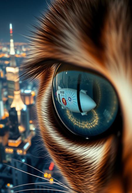 extreme close up portrait of a cat's eye reflecting the a futuristic Tokyo skyline at night from a very high level, the skyline is with futuristic skyscrapers and futuristic transports and futuristic aircraft and spaceships in a variety shapes and sizes, the airships covered with lights and advertisements in Japanese,  reflecting in the cat's eye is a huge airship that has an advertisement with a Japanese cat on the side, the cat's eye has takes up 85% of the image