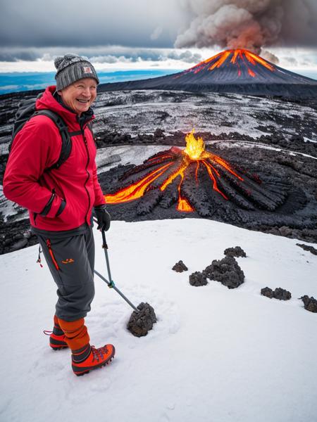 Realistic, 8k, RAW, side shot,old man, wearing snow hiking gear, hand spike, cleats, climbing a volcano,active volcano, lava in background, lava flowing, smiling, full body shot