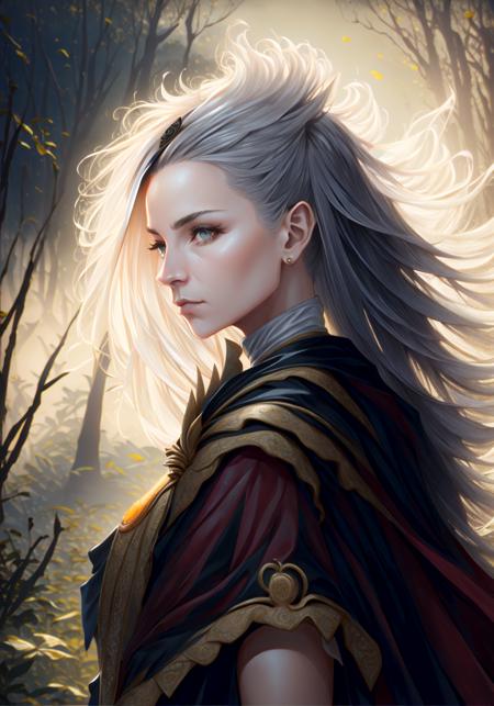 an old (witch:1.3) ti-slaaneshdaemonette, (wrinkled face:1.3), hair blowing in wind, (face focus:1.2), (storm:1.2), under trees at the (edge of forest:1.4) background, looking at viewer, realistic, masterpiece, highest quality, backlighting, (lens flare:1.1), (bloom:1.1), (chromatic aberration:1.1), by Jeremy Lipking, by Antonio J. Manzanedo, Style-Demonic