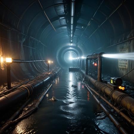 a flooded maintenance shaft with twisted rebar and collapsed piping, rats scurrying along ledges, flashlight beam cutting through the mist, floor water reflecting blinking hazard signs, distant metallic echo rising from below, tunnel, dark, reflection, dirty