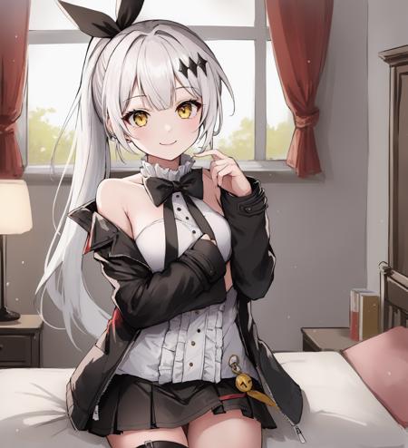 <lora:FiveSevenNormal:1>,1girl,bedroom,ponytail,white hair,hair ribbon,yellow eyes,hair ornament,smile,bowtie,black jacket,bare shoulder,frills,black skirt,yellow pins on skirt,thigh strap