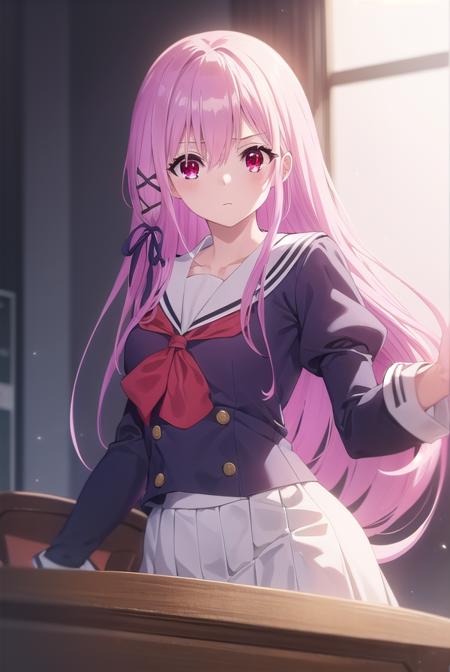 engagekisara, <lora:engage kisara s1-lora-nochekaiser:1>,
kisara, long hair, pink hair, (red eyes:1.3), hair between eyes, hair ornament, ribbon, hair ribbon,
BREAK long sleeves, ribbon, school uniform, puffy sleeves, sailor collar, red bow, juliet sleeves, white sailor collar,
BREAK indoors, classroom,
BREAK looking at viewer, (cowboy shot:1.5),
BREAK <lyco:GoodHands-beta2:1>, (masterpiece:1.2), best quality, high resolution, unity 8k wallpaper, (illustration:0.8), (beautiful detailed eyes:1.6), extremely detailed face, perfect lighting, extremely detailed CG, (perfect hands, perfect anatomy),