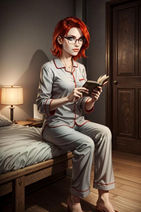 <lora:damsel-10:0.7>, damselVTMB_soul3142 red hair, short hair, glasses, makeup, grey eyes, pyjamas, sitting, book in hand, dim light, indoors, <lora:add_detail:0.5>