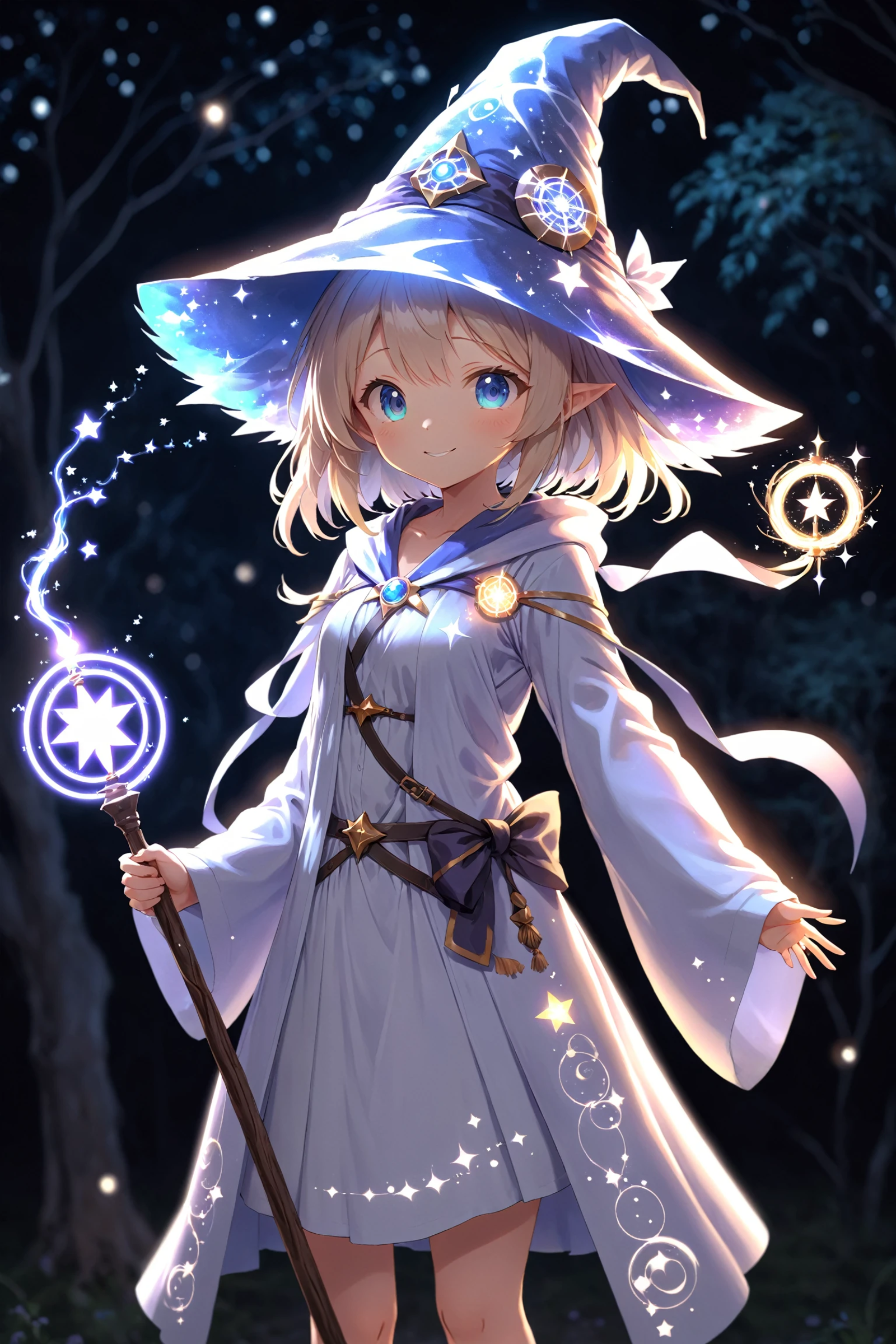 A beautiful, young woman dressed in a flowing white dress, holding a wand and wearing a witch's hat.