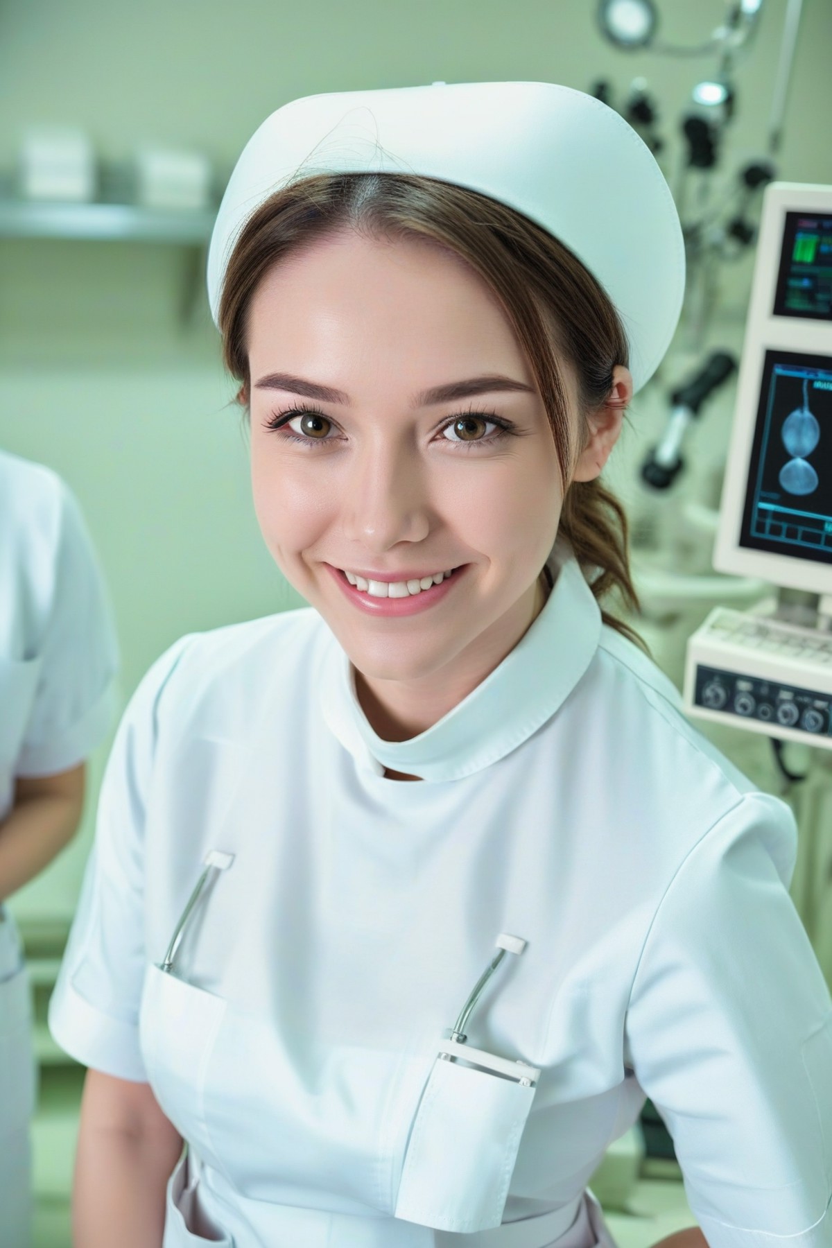 Inside a modern operating room, a young nurse wears white nurse uniform with nurse cap, with a gentle smile on the face.
 ...