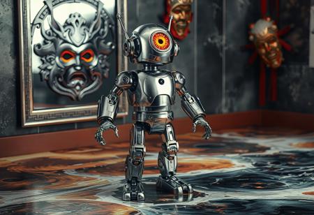 A silver robot, resembling a Samurai Sword Baron, stands on a surface depicting a natural disaster. The robot has two arms and two legs, giving it a humanoid appearance, and features a large orange eye on its head and a small black eye on its chest. A mirror wall adorned with Mask of Restrict and another mask is visible in the background. The robot appears ready to embark on a journey in this dynamic action pose, with captivating lighting and vivid emotions. Rendered with exceptional quality, this image showcases intricate details, hyperrealistic textures, cinematic lighting, and a balanced composition.