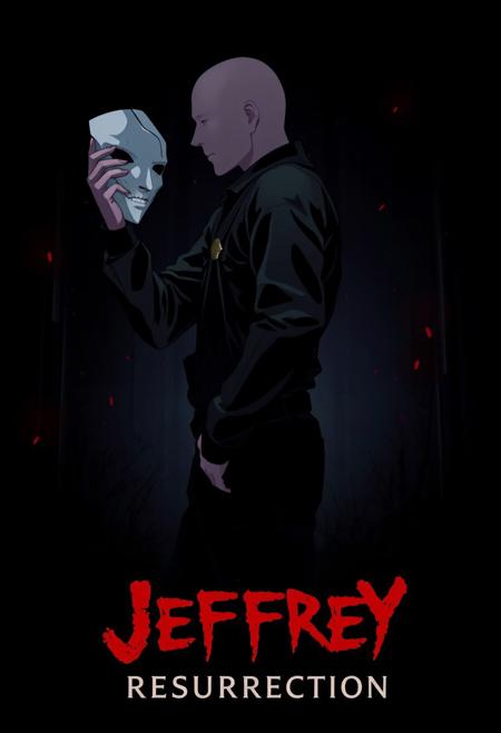 An anime-style movie poster for 'Jeffrey: Resurrection.' The poster features a side view of Jeffrey Johnson, unmasked, face is faceless and off-screen, holding a Hannya mask in one hand. He is wearing a full black overall outfit with black long sleeves, with a dark and menacing atmosphere. The background is shadowy and ominous, with hints of red and black, evoking a sense of horror and suspense. The title 'Jeffrey: Resurrection' is displayed at the bottom in bold, blood-red letters.