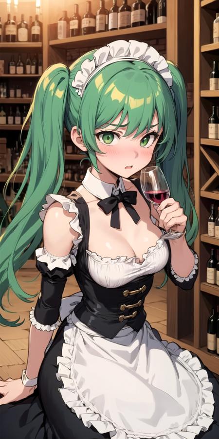 masterpiece, best quality, 1girl, victorian maid, green eyes, green hair, twintails, medium breasts, skirt, embarrassed, wine cellar, drunk, drinking,