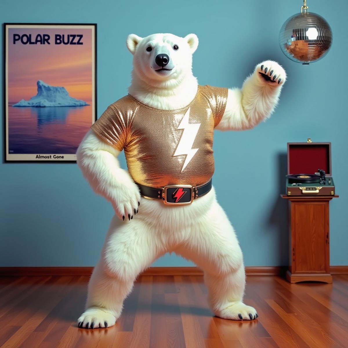 An anthro polar bear disco dancer wearing a glimmering disco shirt is striking a fancy disco pose in a photoshoot. The bear is wearing a belt with a lightning bolt shaped buckle. On the right there is a disco ball hanging from the ceiling and an old record player on a wooden pedestal. On the left there is a poster titled "Polar Buzz" depicting a small iceberg in the ocean with text "Almost Gone" at the bottom. The wall behind the bear has a pleasing pastel blue gradient, while the floor is made of beautiful polished wood.