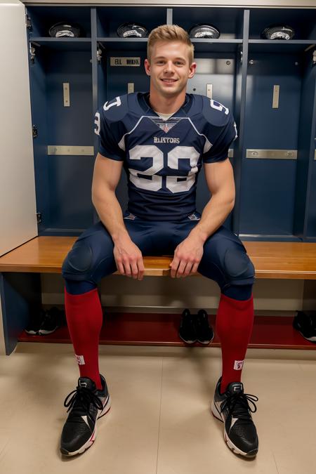 In an American football locker room, (sitting on a locker room bench), legs spread open, (hands on knees), PetoMohac is a (American football player) wearing (shoulder pads), (red jersey), (blue football pants and pads), (red socks), (black sneakers), smile, masterpiece, (((full body portrait))), wide angle,   <lora:PetoMohac-000008:0.75>