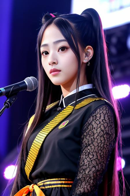 portrait photo of minji-nj-4400 beautiful woman hair updo upsweep ((kpop singer,  on stage)) (masterpiece) (best quality) (detailed) (8k) (HDR) (wallpaper) (cinematic lighting) (sharp focus) (intricate)