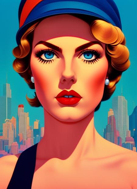 A clean scene of a classy retro woman portrait with a baseball hat and beautiful eyes, medium shot with a ((city in the background)) ,art by rzvice-15, soft lighting, cinematic lighting, wallpaper, 1980