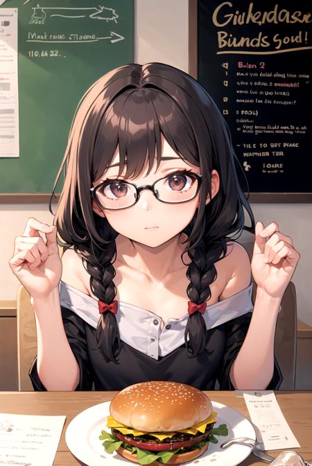 masterpiece, best quality, 1girl, long hair, glasses, burger, bored, braid,