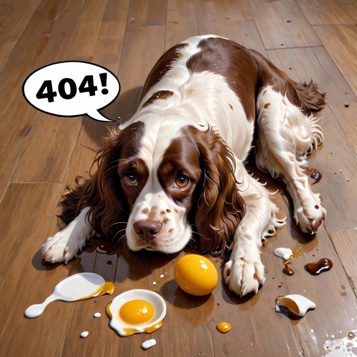 A brown and white dog laying on a hardwood floor with a broken egg and spilled yolk.