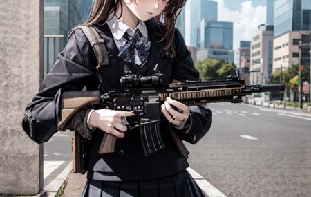 masterpiece,best quality, lens flare, depth of field, (close-up:1.3), (wide shot, fisheye:0.85), facefocus,

1girl ,standing, blue long hair, school uniform,pleated skirt, (holding weapon, holding rifle,aiming,aim:1.2),

gun, h&k hk416, assault rifle, rifle, open fire, firing,

sunny,blue sky,cloudy sky,city,street,road sign, skyscraper,

<lora:HK416-000008:1>