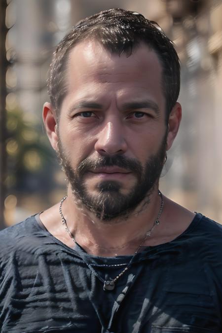 solo, shirt, 1boy, closed mouth, upper body, male focus, necklace, blurry, blurry background, facial hair, blue shirt, portrait, beard, realistic,  <lora:Malvino Salvador:1>