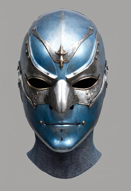 hyper-realistic, male, head front view, HDR, detailed, ninja style, shiny polished light-gray-blue-colored polished steel knight-mask, inticate detailes, simple gray background