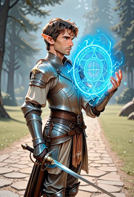 score_9_up, score_8_up, score_7_up, score_6_up. masterpiece, best quality, good quality, very aesthetic, absurdres, semirealism, RapierXL, fantasy, 8K, depth of field, focused subject, Elf knight:1.3, 19yo male, adult , androgynous, pointed ears, short brown hair, male haircut, blue eyes, wearing detailed armor, knight's armor, casting spell, violet magic circle, he is standing, holding sword, rapier, weapon, blue glowing sword, park