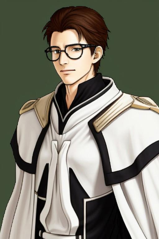 1boy, solo, simple background, bright green background, brown hair, short hair, brown eyes, glasses, soft smile, white overcoat, black shirt, druid, Aizen Sosuke (Bleach), upper body, Halfbody, Tellius-Style, FE10-Style, Vanilla Fire Emblem, No Frames