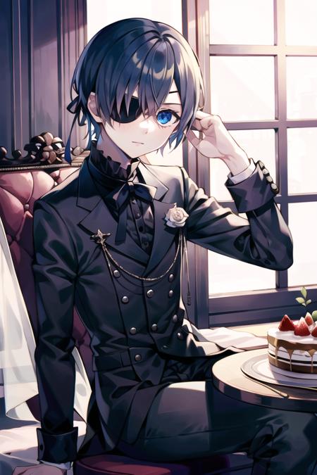 best quality, masterpiece,  <lora:ciel_phantomhivev2-10:0.7>,cielv2, 1boy, solo, sitting, table, cake slice, looking at viewer, eyepatch,