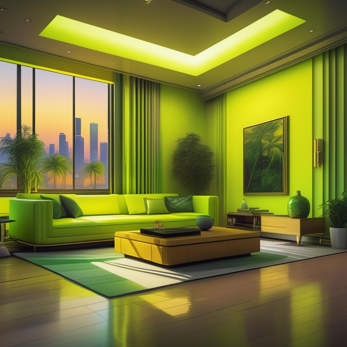 an image picture of a luxury modern home interior, yellow and light green, <lora:NeonifyV2-000003:0.75> neon realism