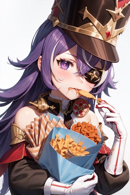 1girl,hat,shako cap,purple hair,long hair, eyepatch, purple eyes,detached collar, necktie,bare shoulders,detached sleeves,dress,white gloves,black pantyhose, garter straps,white thigh boots, gun,holding gun, food, holding, holding food, french fries, eating, 