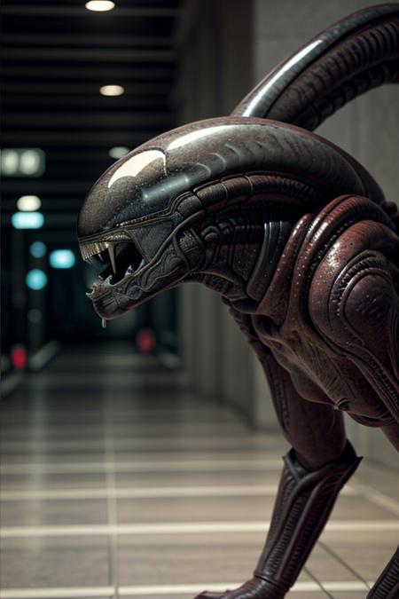 cinematic film still of  <lora:xenomorph style SD1.5:1>
Xenomorph,full body, side view, endoparasitoid extraterrestrial species,solo,open mouth,teeth,tongue,blurry,no humans,blurry background,fangs,sharp teeth,monster,realistic,alien , horror themed, dark themed, cinematic, film still, xenomorph style, shallow depth of field, vignette, highly detailed, high budget, bokeh, cinemascope, moody, epic, gorgeous, film grain, grainy, background KLCC, Malaysia Street,