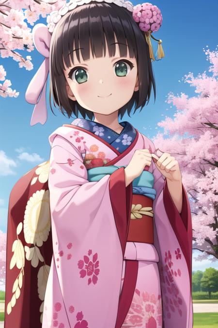 yune, 1girl, solo, pink kimono,smile, hair ornament\(origin\), cherry blossoms, hair flower, masterpiece, best quality,1girl,solo