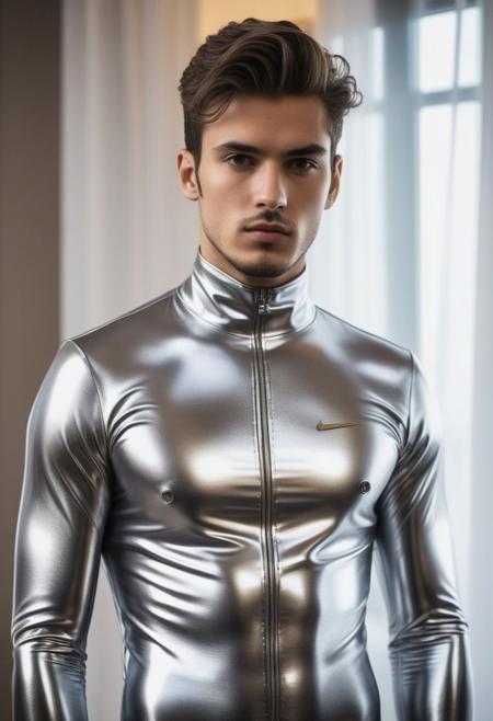 two strong 24-year-old italian hunk males, with a side fringe curtains hairstyle, detailed face, confused expressions, wearing a skin tight silver latex suits with gold and gray latex details, standing at attention posture, fullbody shot, on a modern living room, looking to the camera, detailed face, professional photography, shot on sony a 7RIII , looking to the camera,  detailed skin face and eyes, natural lighting ,  film grain, low contrast, natural face,  dark circles under eyes