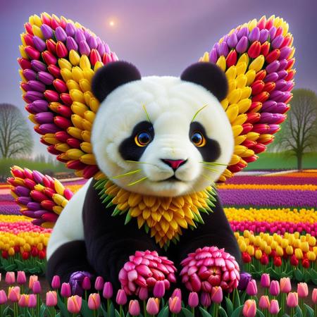 jaynl-tm, made of tulips, A fantastical flying fairy made of tulips, featuring the enchanting face of a panda. Its delicate wings are formed from cascading tulip blooms, radiating a kaleidoscope of colors—soft pinks, fiery reds, sunny yellows, and cool purples—trailing luminous arcs in the air like lightning thunder trails of tulip textures. The fairy gracefully glides within a magical world saturated with surreal tulip landscapes, where fields of tulips stretch endlessly, illuminated by golden and violet hues. The panda-faced fairy gazes at the viewer with captivating black eyes framed by intricately layered tulips. Its body is sculpted from petal-like formations, blending bold symmetry and whimsical grace. The world resonates with an explosion of tulip innovation, transforming the mundane into extraordinary scenes. Every element reflects brilliance and harmony, defining this tulip-infested wonderland.
