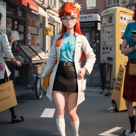 ((masterpiece, best quality)),(complex lighting), solo,solo focus, full body, 1girl, standing ,Susan test, labcoat, blue eyes, glasses, red hair, long hair,<lora:susanTest1-10:1>,pastel blue shirt, yellow star-shaped hair clip, white socks, black skirt, Mary Jane shoes, square glasses,front bang