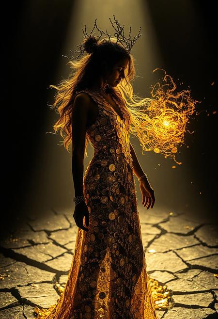 (Soft Lighting Photography by Mimoza Veliu and Mario Giacomelli:1.2), NSFW, Realistic crazy gold sorceress, gold elemental, cracked earth, crater, silhouet style, essence of gold, at Dawn, Bauhaus Art, (monochromatic art by Junji Ito, Carne Griffiths, High contrast, minimalistic), gold and white, dramatic, (silhouette weaved from splahes of gold, body of coins and gold), (clothed in gold, encased in gold),nudity, intricate details, (zentangle tattoo), scar, (((fractal art), (((abstract art))), (((psychedelic art))))), sexy