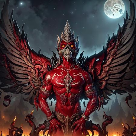 masterpiece,highly detail(phayakrut king garuda,Giant Wing,Blood,Horror,Skull,Zombie,RED,Crimson,REd goo,REaper,Gasmask,Dead horror,Ghost,Goth:1.3){best quality},, super huge GARUDA solo, very detail,(tomb,Scene from horror,Blood,(Abandon thai Temple background:1.1),night scene,moon,mist,dead:1.2)
<lora:phayakrut3216_100:0.85>,unity,cinematic lighting
(extremely detail CG unity 8k wallpaper:1.1)(masterpiece),(best quality:1.1),realistic,style of master anime,perfect perspective,intricate detail