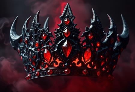 dark and ornate crown, adorned with jagged gemstones, intricate demonic symbols carved into black metal, glowing faintly with crimson energy, dark ethereal smoke rising from the crown, jagged horns extending from the sides, pulsating with infernal power, deep red and black hues, glowing runes circling the crown, high resolution, photorealism, ((masterpiece)), soft crimson light illuminating the surroundings, dark magic radiating from within, revered and feared artifact, ancient demonic power, sharp angular design, a mist of dark energy enveloping the crown