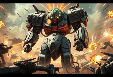 Panoramic view of  a giant battered android, standing his ground in epic war of military mechs. (Vivid Anime video game style.) The Giant Android has thick bulky armor and (strange weaponized head covered by a (hive of laser arrays, firing bright beams, taking down enemies and their projectiles, in all directions)). ((He's spitting fire from his mouth and firing his shoulder mounted missile batteries)). His body is surrounded by a protective fractal energy sphere. Waves are drumming across the energy sphere while it's dissipating enemy fire. (Sharp cable tentacles, coming out from his back are impaling enemies).  (The android's  wielding a shiny shield and a humongous ornate electrical halberd in his arms).   ((Explosions, solid hard-edge contrasting colors,  very sharp 8k image, drops of mud and grime on the camera, hyper detail)).