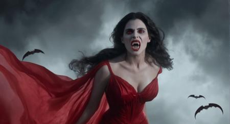 concept art of (Cinematic Film stock footage style) in (arri alexa style) (Kodak film print style), hyperrealism
 <lora:Vampire-000003:1>
a painting of a vampire woman in a red dress with vampire's fangs teeth in her mouth vampire style, digital artwork, illustrative, painterly, matte painting, highly detailed