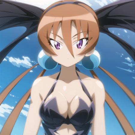 (masterpiece), (best quality), <lora:artkoikoi_AlisaSoutherncross_Keroro:1>, alisa_southerncross, alisa_aquaticsuit, 1girl, solo, long_hair, breasts, looking_at_viewer, hair_ornament, cleavage, hair_between_eyes, twintails, medium_breasts, purple_eyes, upper_body, hairband, orange_hair, hair_bobbles