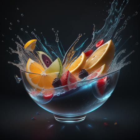 Fresh Fruit Splashing in a Bowl in a dark blue lighting background, Fruit Juice Splash, super fine detail, bright colors, 8k resolution, volumetric lighting, cinema4d, super resolution, CGsociety, transparent resine, ultra wide angle, cinematic lighting, super detailed, atmosphere, insanely detailed, beautifully lit, insanely detailed and intricate, hypermaximalist, moody, rule of thirds, textures, Unreal Engine <lora:splashes_v.1.0:0.9>