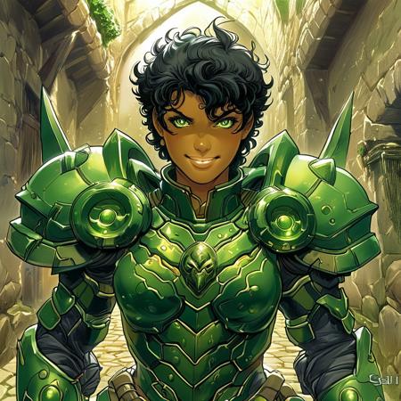 score_9, score_8_up, score_7_up, solo, 1girl, black hair, short curly hair, black eyes, smiling, muscular, green Saint Seiya armor, green armor, green circlet, scorpion motif, looking at viewer, detailed, masterpiece,