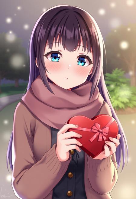 score_9, score_8_up, score_7_up, score_6_up, 1girl, solo, blue eyes, dark brown hair, mature female, scarf, bangs, heart shaped chocolate box, holding, cardigan, indoors, outdoors, looking at viewer, night, scattered light, park at night,