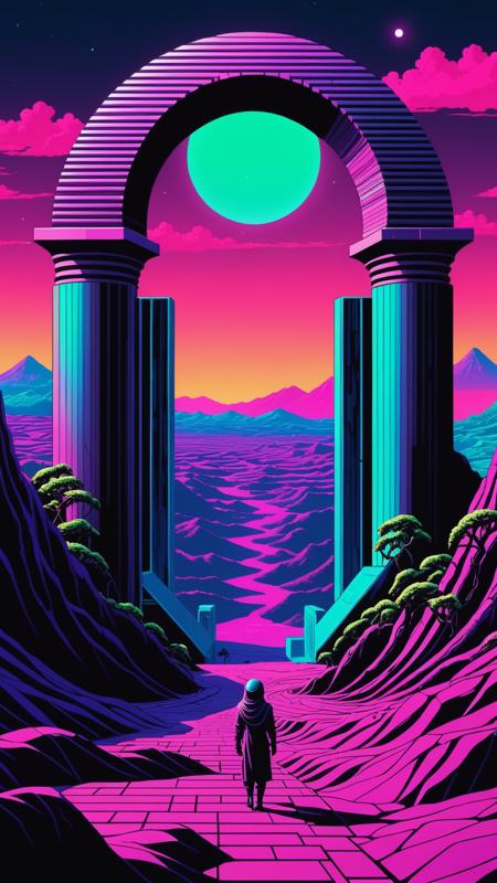 Super high definition, reflective pools, HDR, Dark (vaporwave) color palette, eclipse, glowing archway, huge twisting vines, aerial view of rolling hills in bizarre alien landscape, Fibonacci, Enki, annunaki, monolith, megaliths with eyes, ufo, dna, cosmic serpent, vaporwave tiled liminal space, iris, pixel art, (vaporwave aestethic), (retrowave aestethic), glitch effect